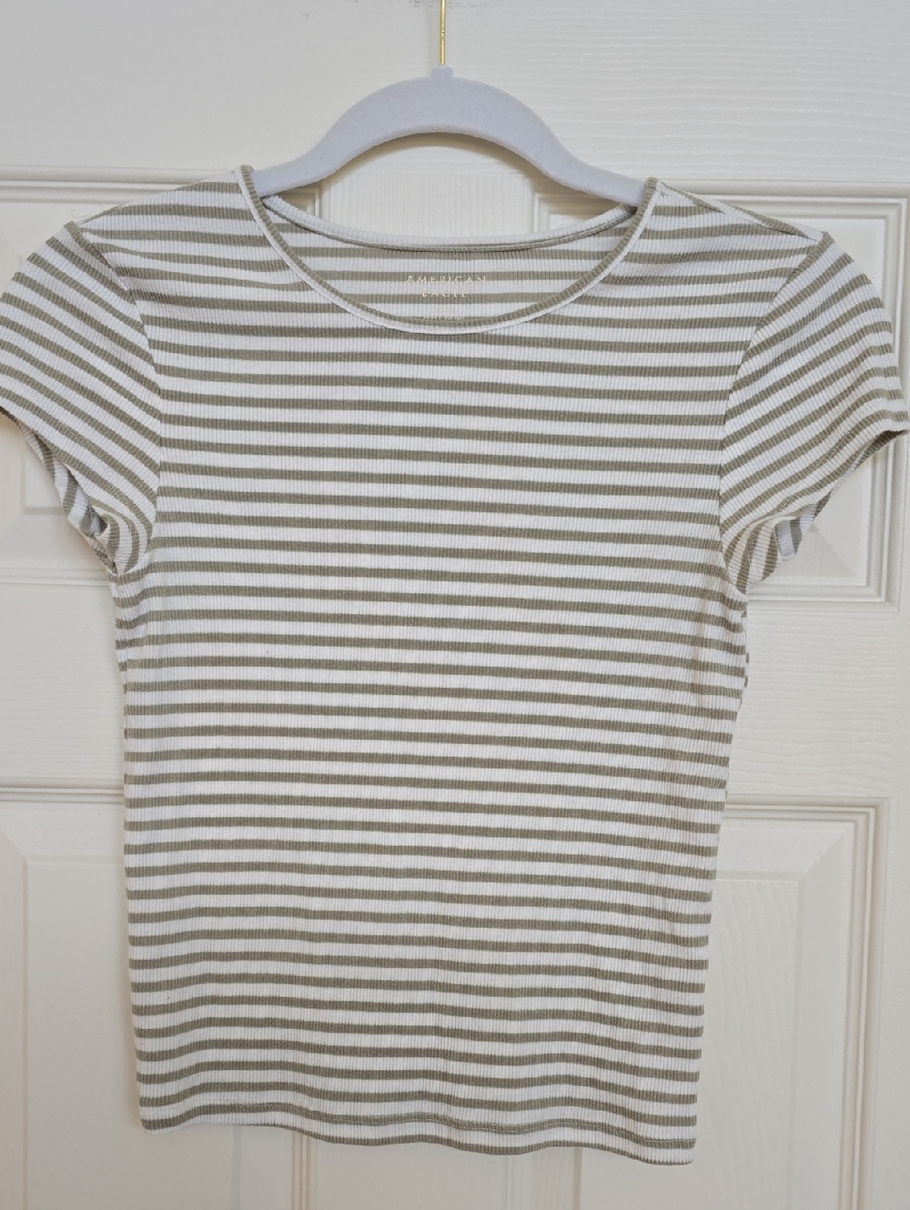 American Eagle Outfitters Taupe and White Striped Short Sleeve Tee